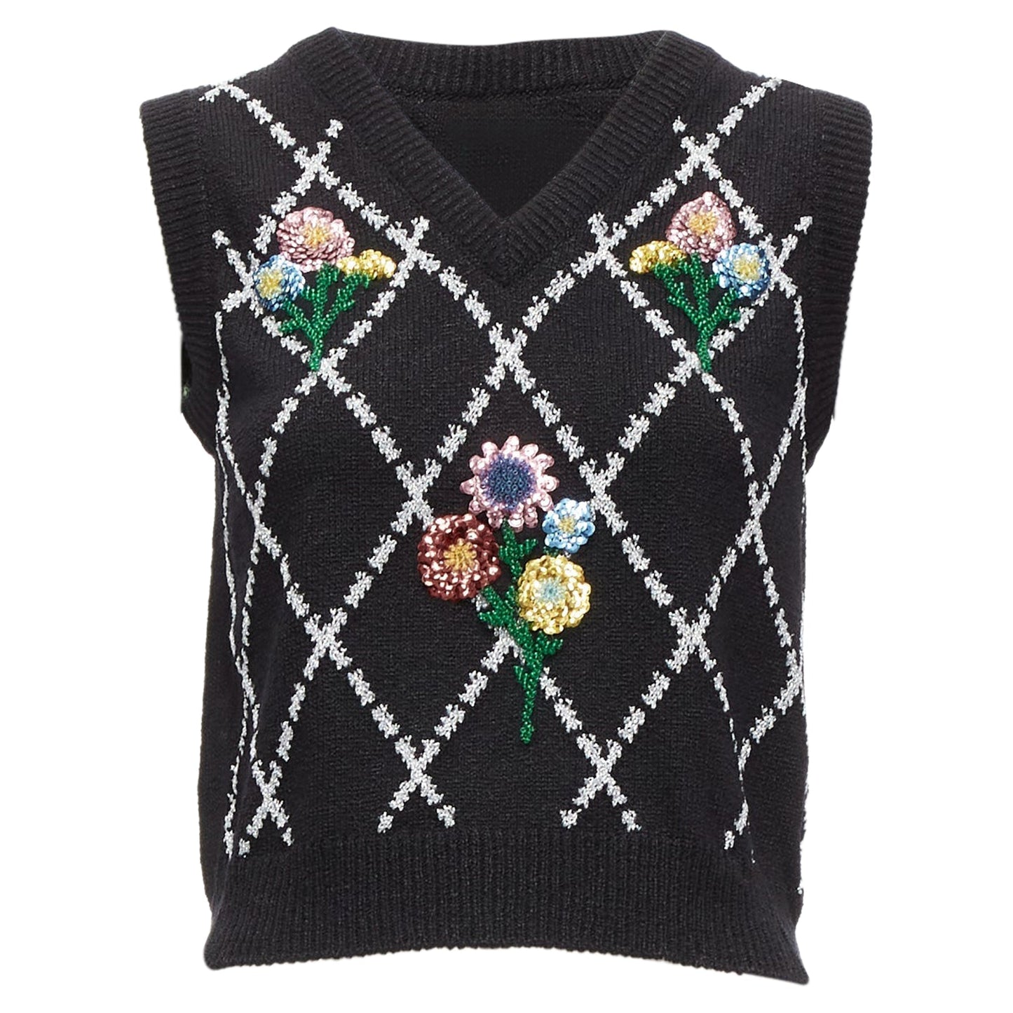 Gucci silver diamong argyle floral embellished sweater vest