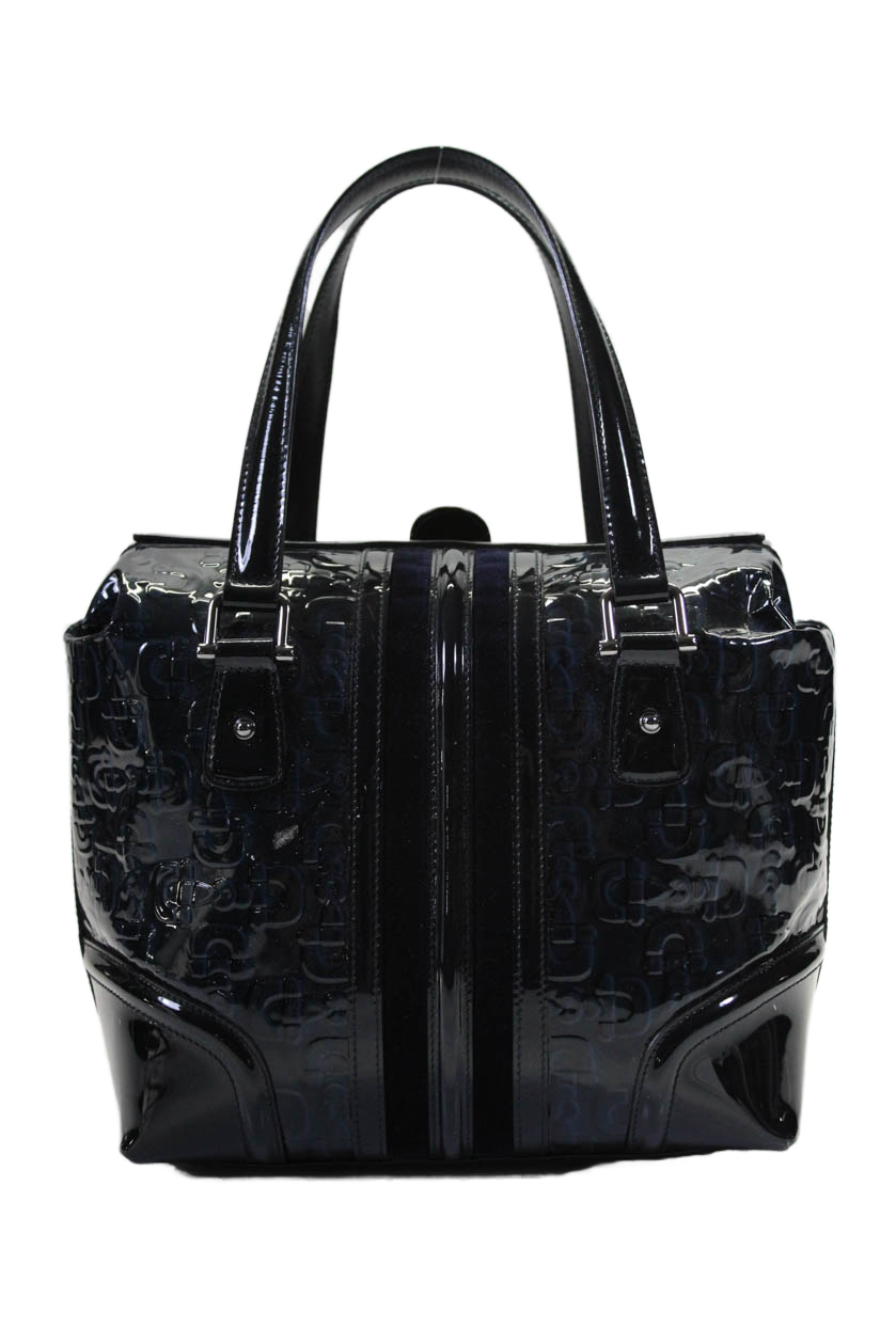 Gucci Womens Patent Leather Horsebit Print Treasure Boston Handbag Midnight Blue