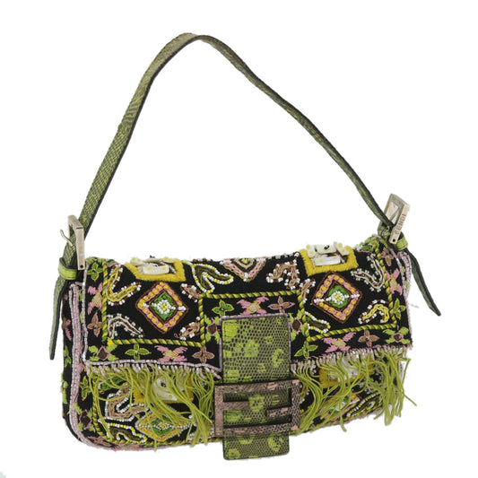 Luxury FendiSnake Mamma Baguette Shoulder Bag Wool Leather Black Green56581