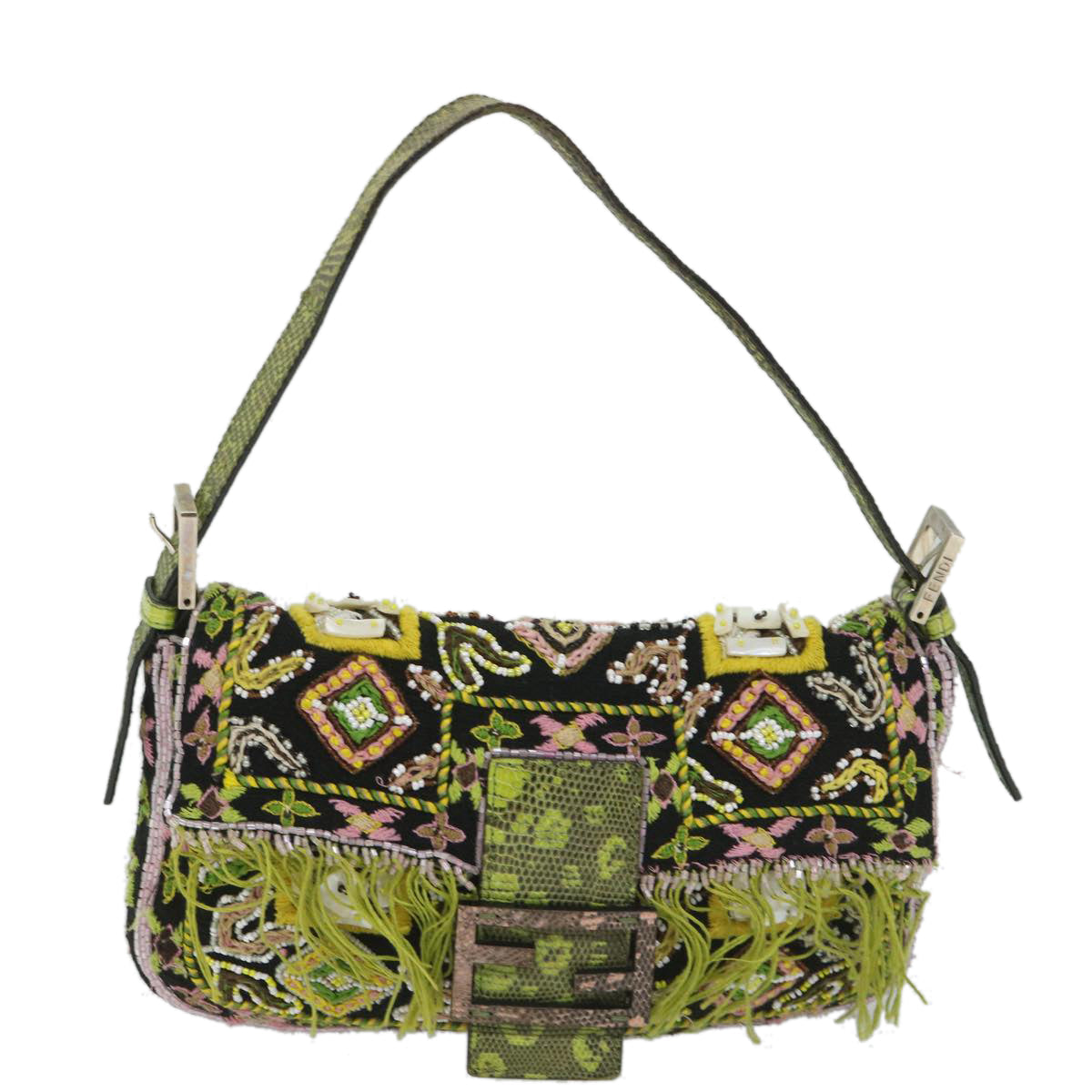 Luxury FendiSnake Mamma Baguette Shoulder Bag Wool Leather Black Green56581