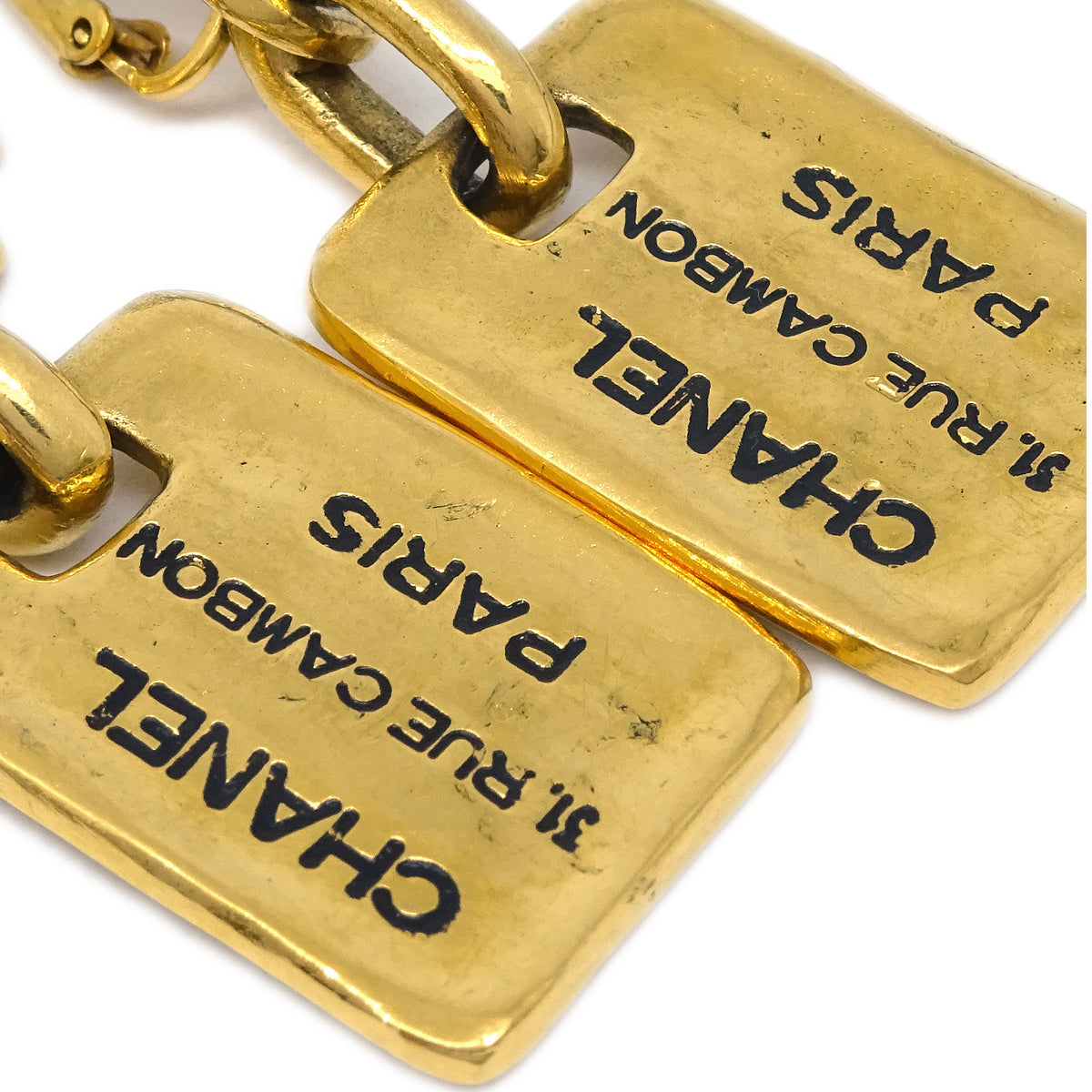 Chanel Dangle Plate Earrings Clip-On Gold 2344