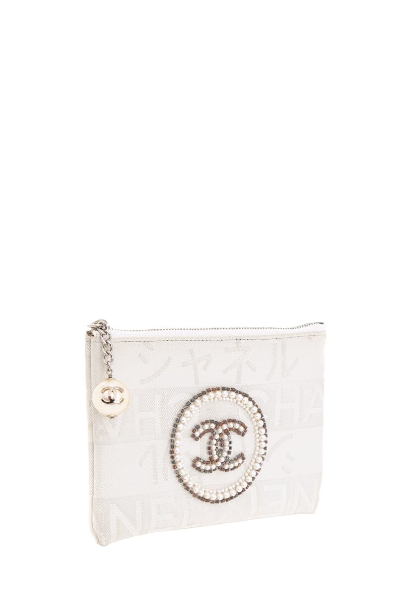 Luxury Chanel Vintage White and Silver Ginza Limited Pearl Coco Mark Pouch