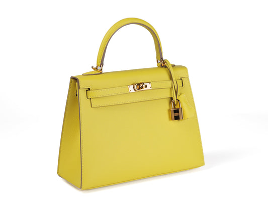 Luxury Hermes 25cm Lime Yellow Epsom Sellier Kelly w/ Gold Hardware