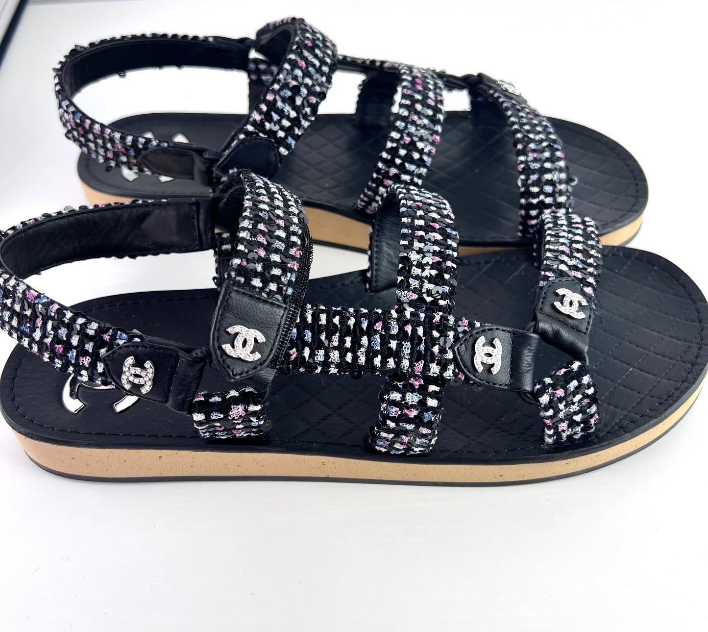 Chanel Tweed Lambskin Crystal CC Sandals Black Multicolor