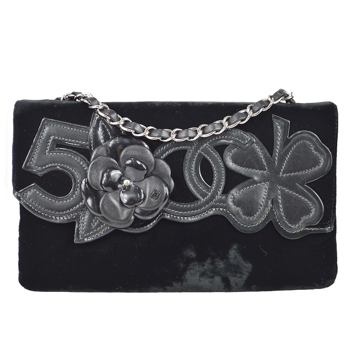 Luxury Chanel 2005-2006 Camelia Chain Shoulder Bag Black Velvet