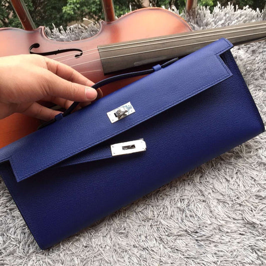 Luxury Hermes Blue Handcrafted Kelly Cut Clutch