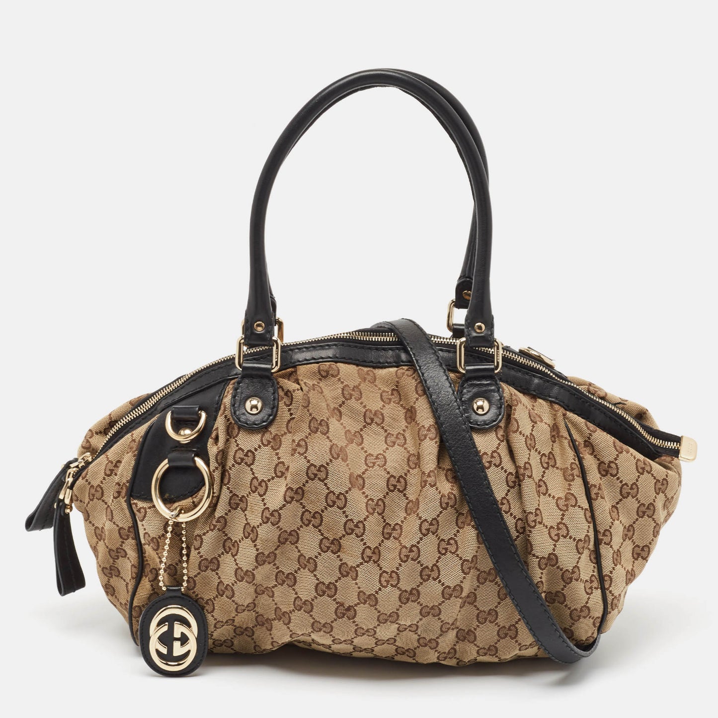 Luxury Gucci Trending 2025 Black/Beige GG Canvas and Leather Medium Sukey Bag