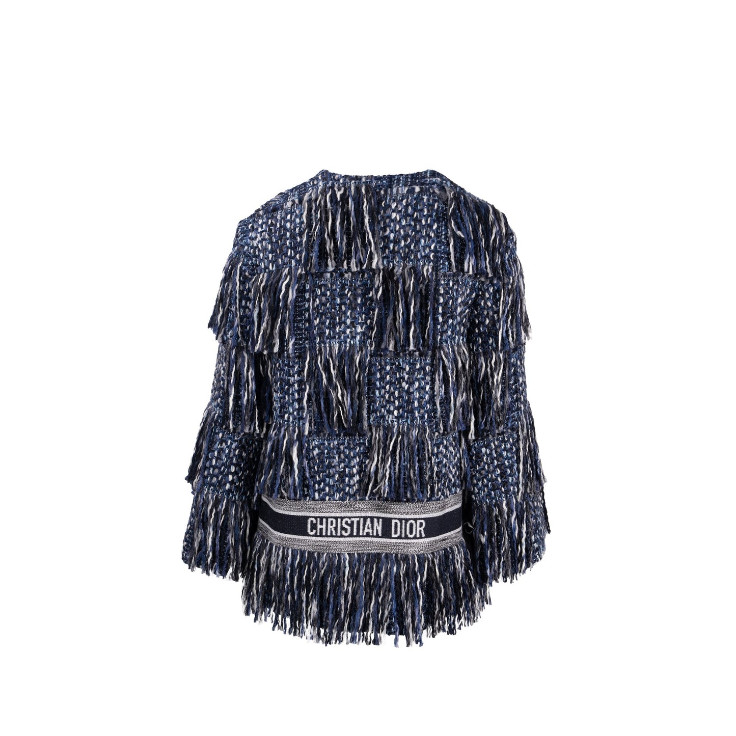 Luxury Dior Size 36 Embroidered Logo Fringe Tweed Coat Virgin Wool/Cotton Blue
