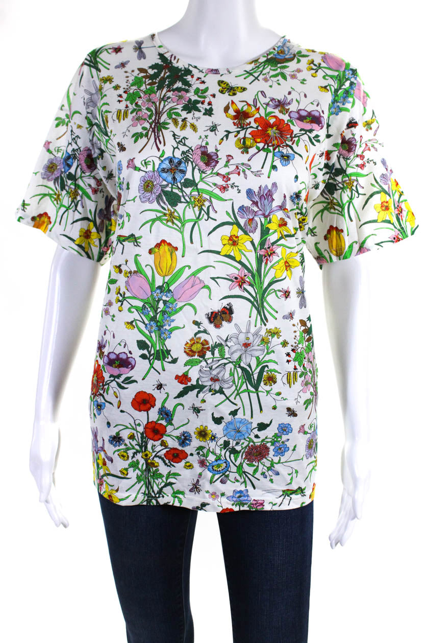 Gucci Womens Cotton Floral Round Neck Short Sleeve Pullover Top White