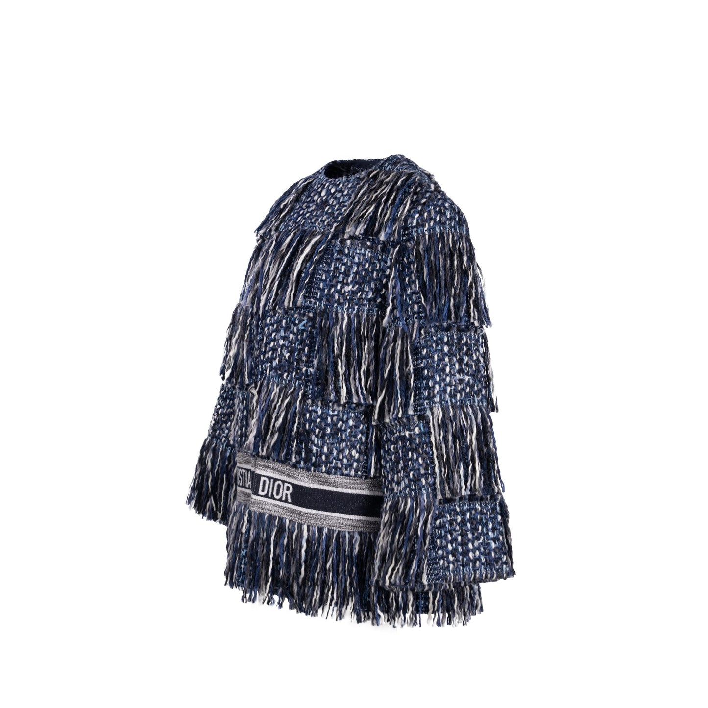 Luxury Dior Size 36 Embroidered Logo Fringe Tweed Coat Virgin Wool/Cotton Blue