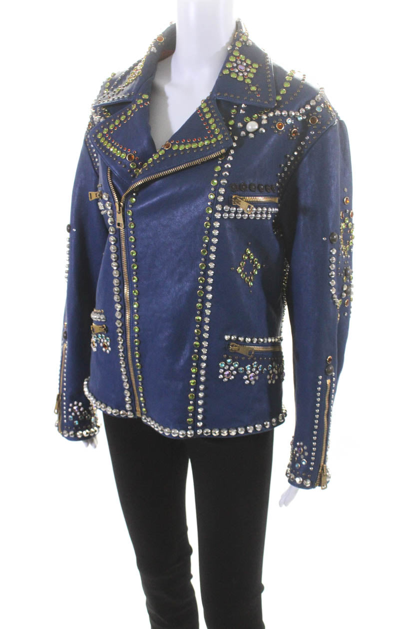 Gucci Womens Leather Crystal Embellished Zip Up Coat Jacket Navy