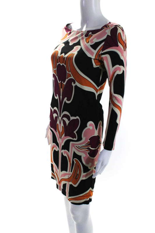 Gucci Womens Black Multi Printed Boat Neck Long Sleeve Shift Dress