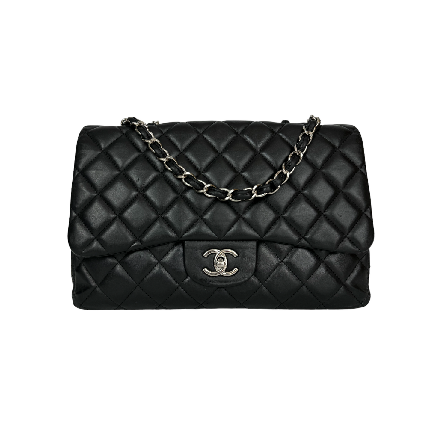 Luxury Chanel Classic Single Flap Jumbo Black Lambskin Silver
