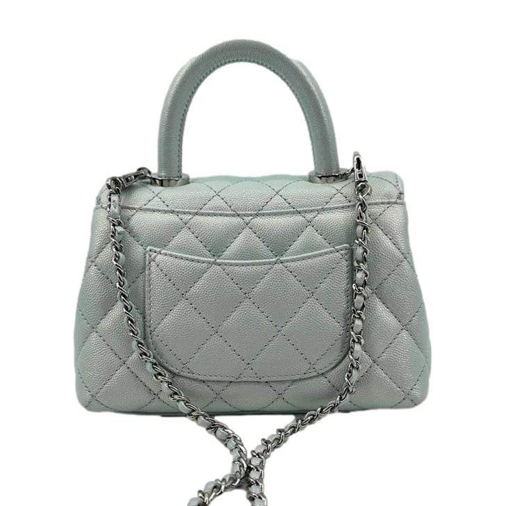 Luxury Chanel Coco Extra Mini Top Handle Iridescent Caviar Leather Crossbody Bag Light Blue