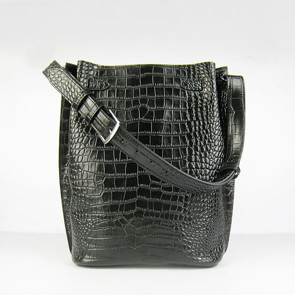 Luxury Hermes Crocodile Vein Shoulder Bag H2804 Black Silver