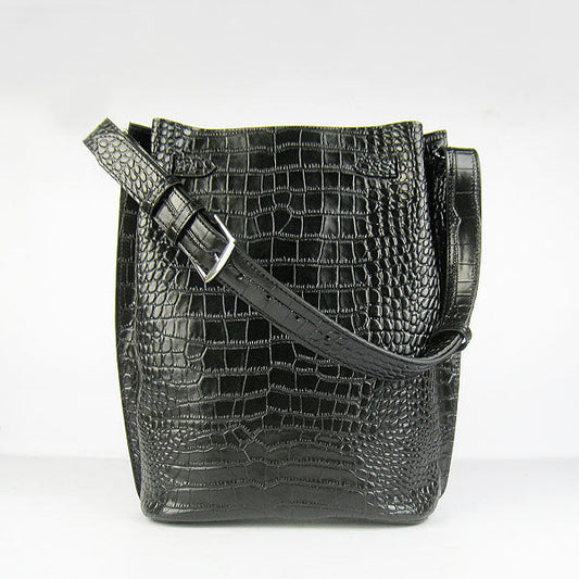 Luxury Hermes Crocodile Vein Shoulder Bag H2804 Black Silver