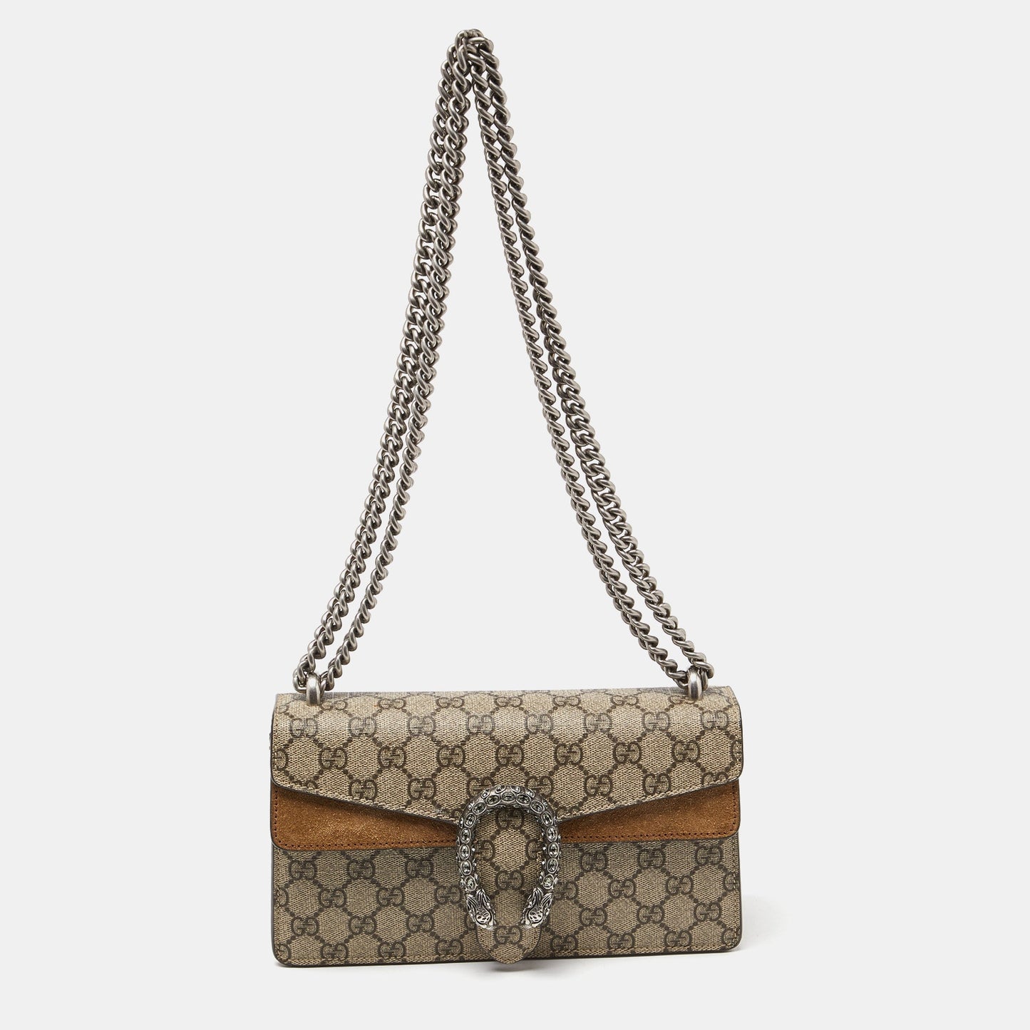 Luxury Gucci Trending 2025 Beige GG Supreme Canvas and Suede Small Rectangular Dionysus Shoulder Bag