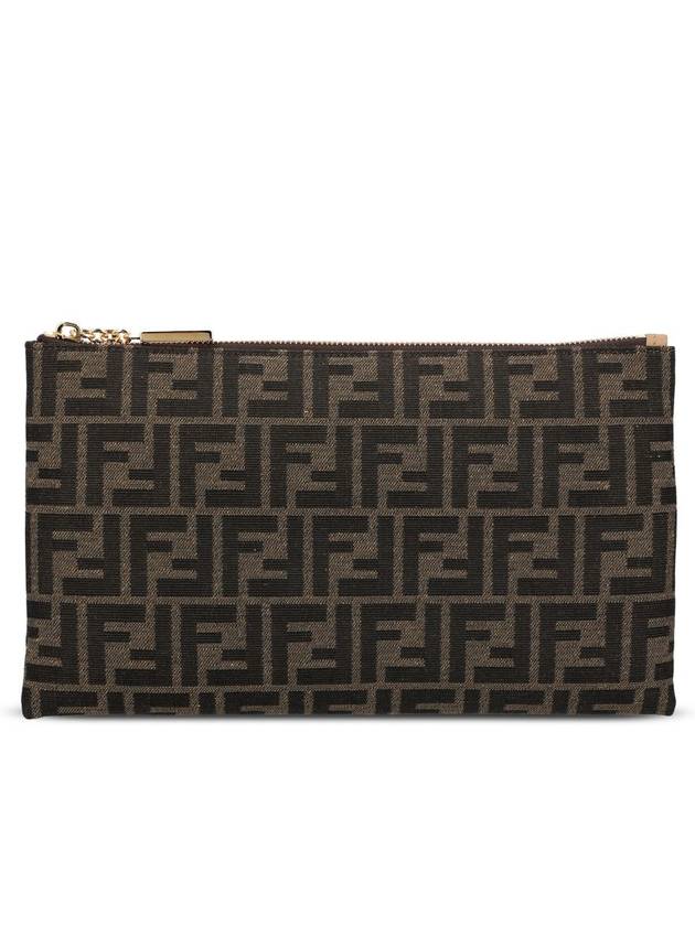 Luxury Fendi Flat Baguette Medium FF Jacquard Fabric Pouch Bag Brown