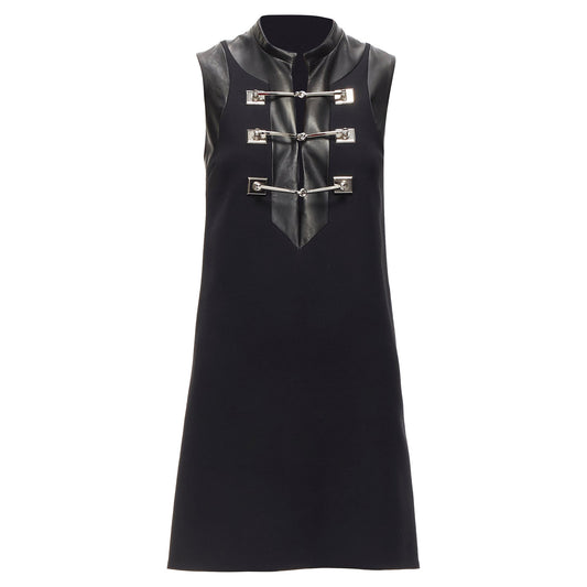 Gucci Wool Leather Silver Horsebit Buckle Shift Dress