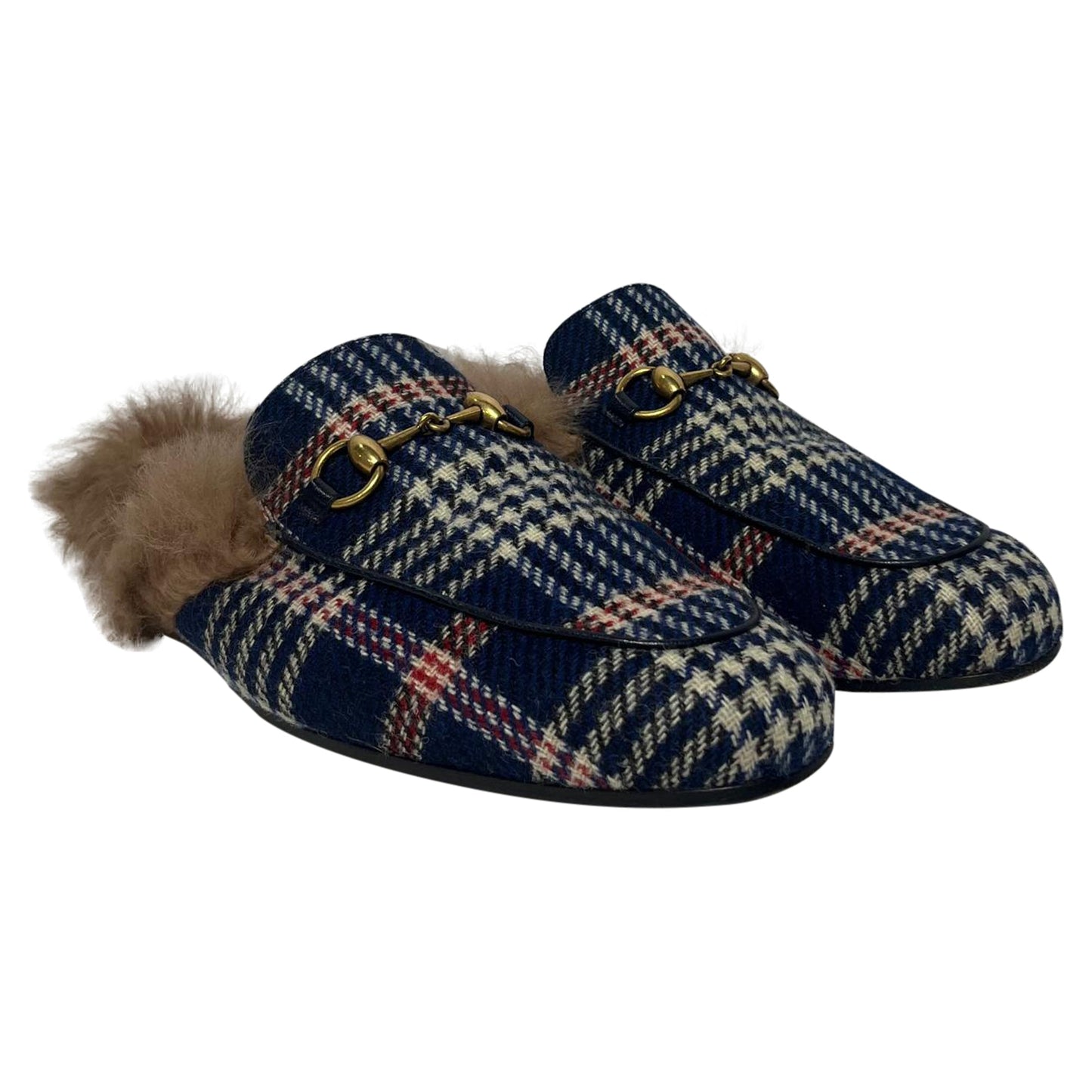 Gucci Princetown Plaid Fur Trim Mules in Blue Canvas