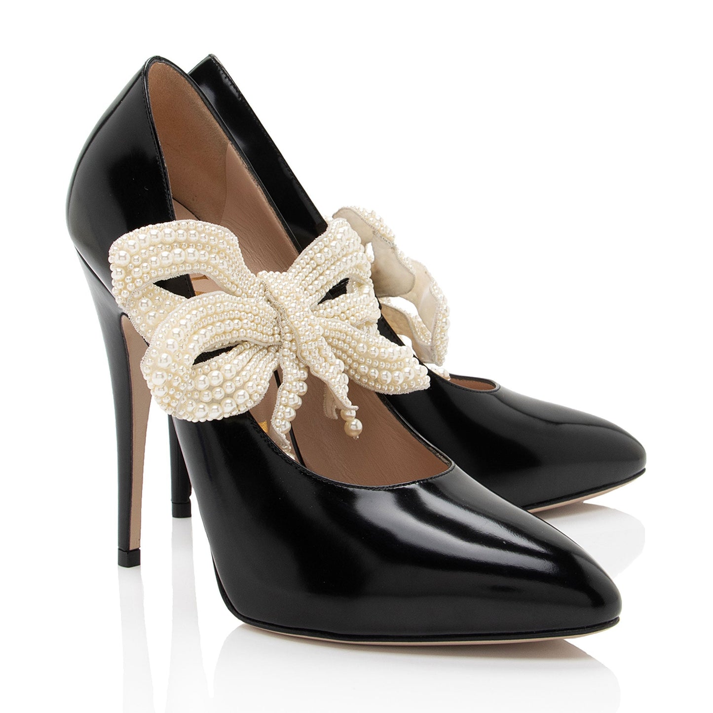 Gucci Polished Leather Removable Faux Pearl Bow Pumps