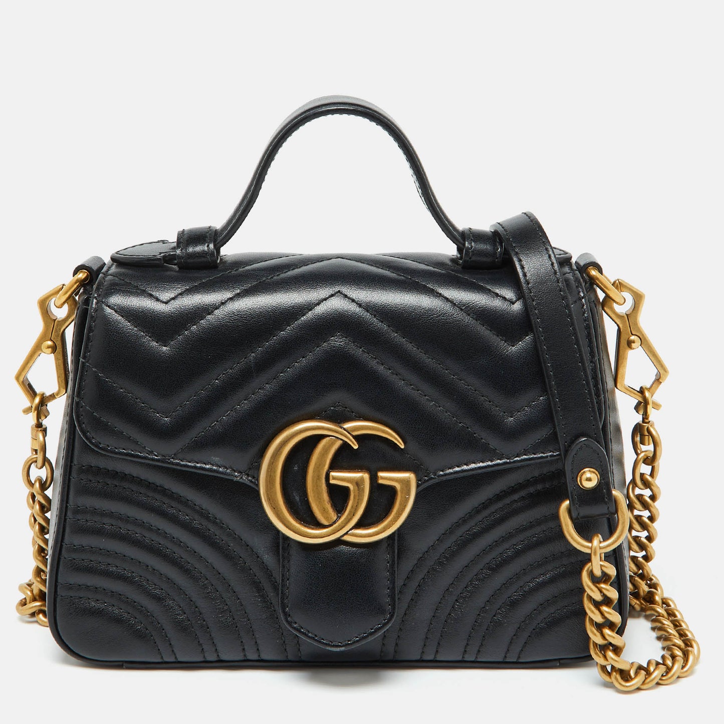 Luxury Gucci Trending 2025 Black Leather GG Marmont Mini Top Handle Bag