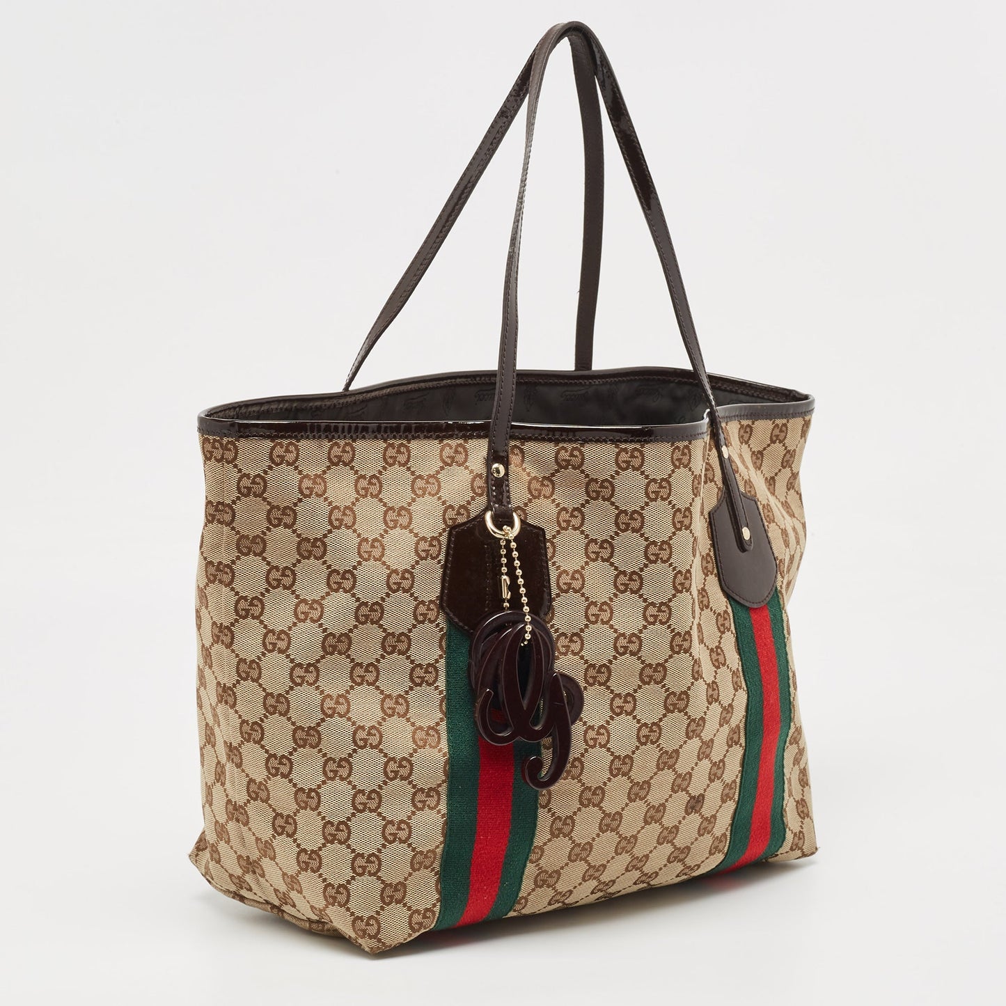 Gucci Beige/brown Gg Canvas And Patent Leather Jolie Web Charms Tote