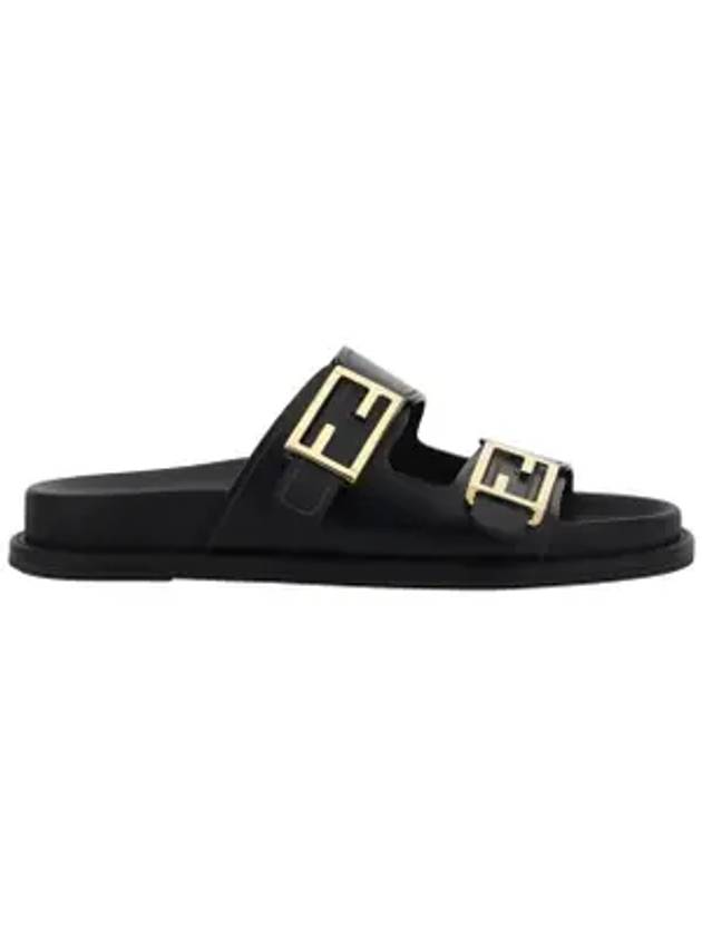 Luxury Fendi Women's FF Leather Fill Flat Sandals Slippers Black