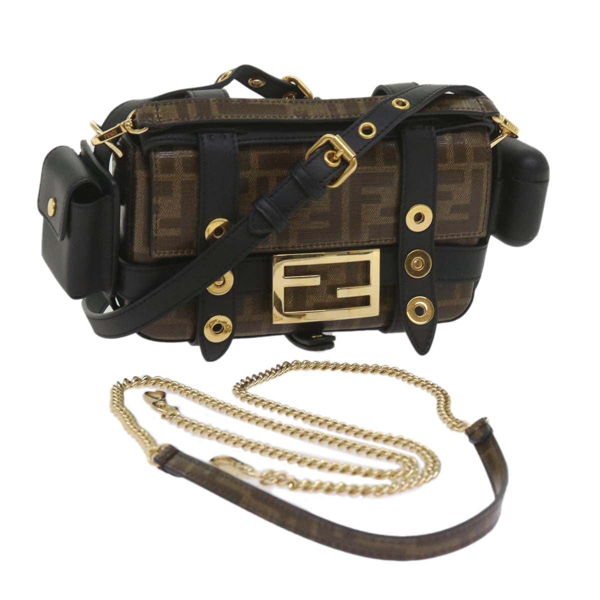 Luxury FendiZucca Canvas Shoulder Bag Black Brown60492A
