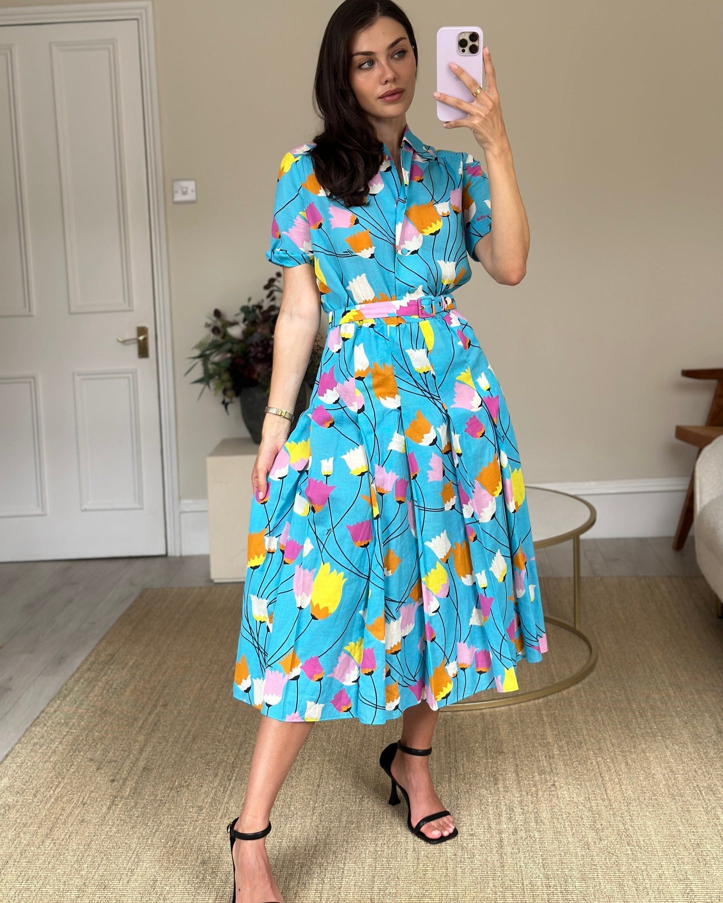 Luxury Gucci Trending 2025 Blue Floral Linen Blend Belted Midi Dress Size IT 40