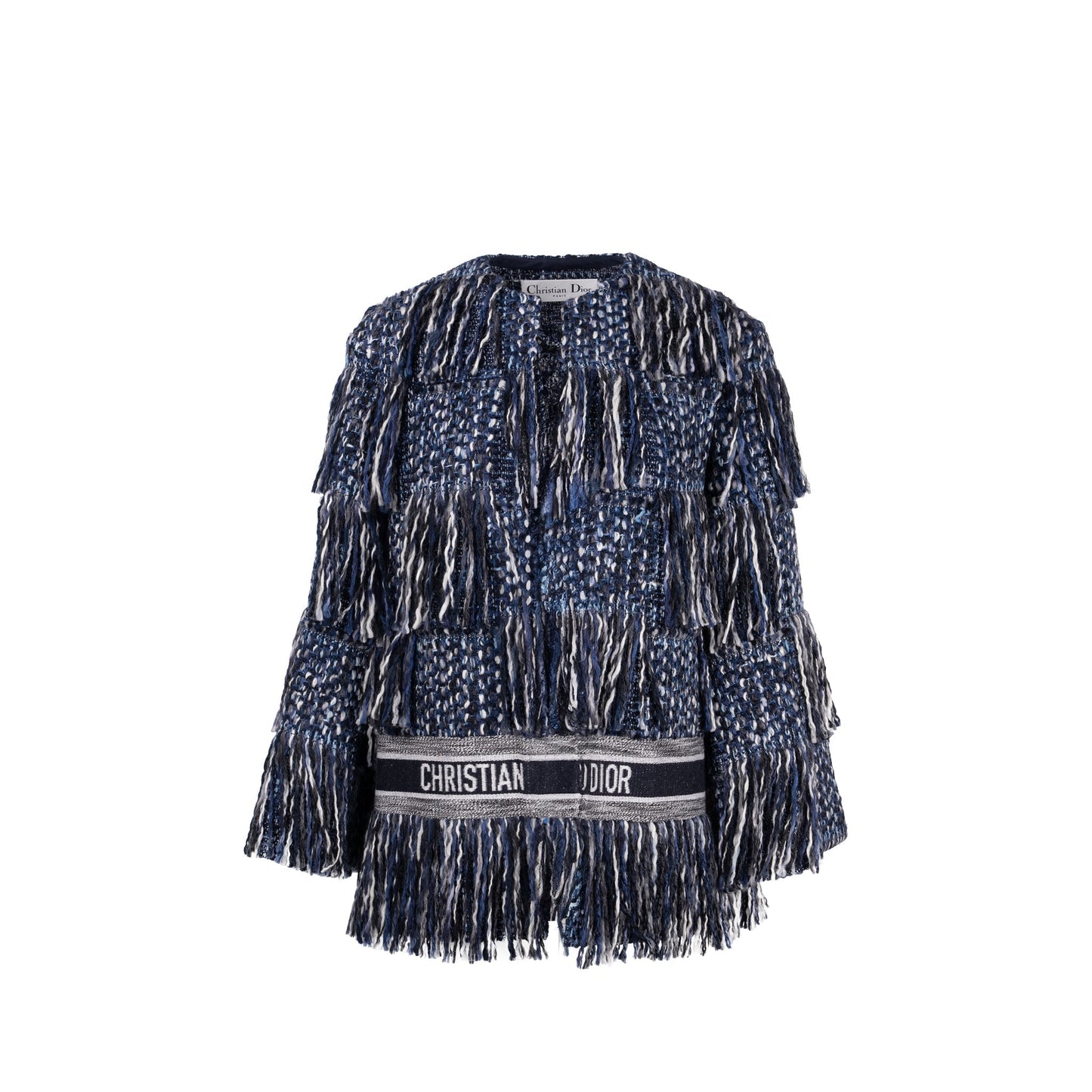 Luxury Dior Size 36 Embroidered Logo Fringe Tweed Coat Virgin Wool/Cotton Blue