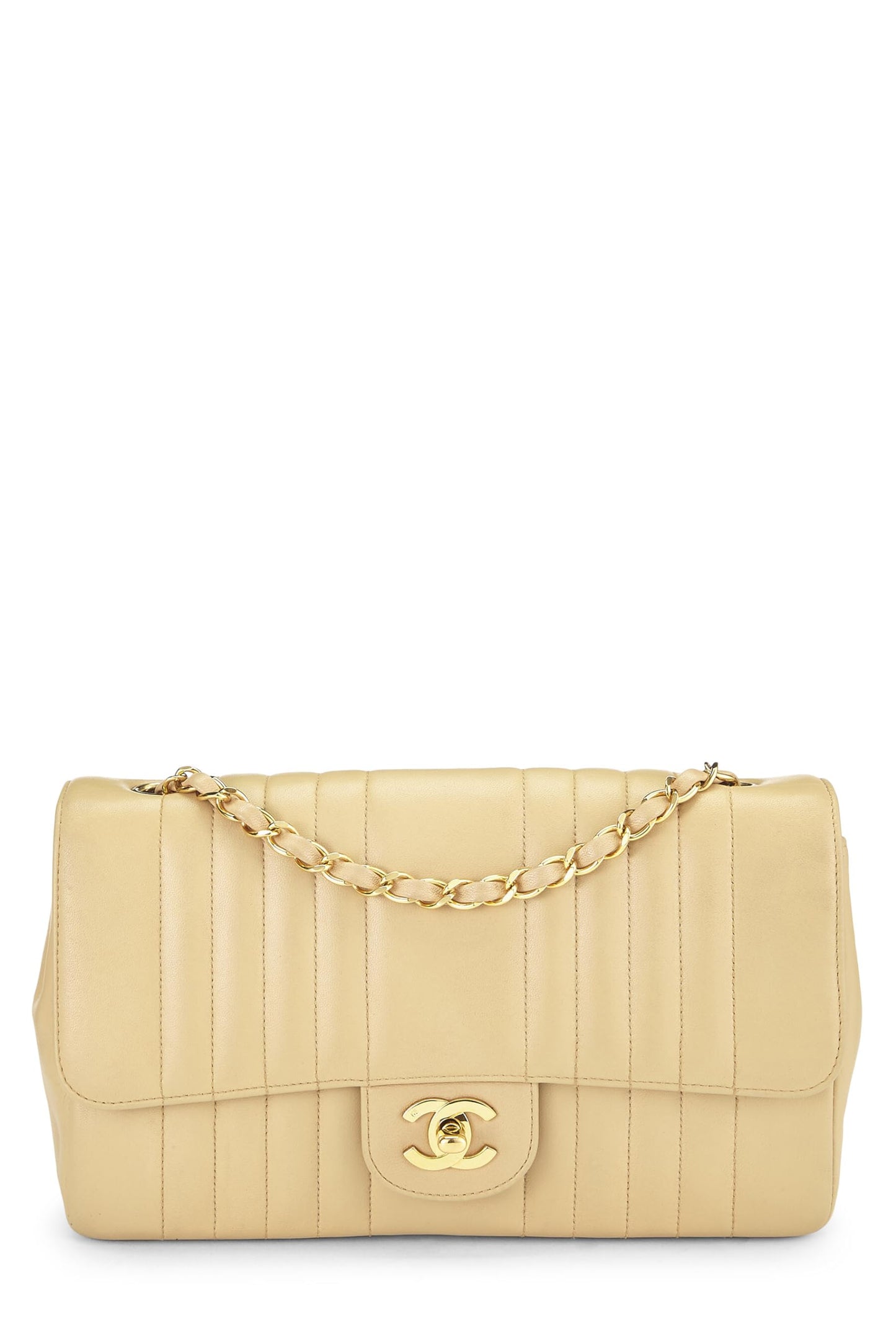 Chanel,  Beige Vertical Lambskin Half Flap Medium, Beige