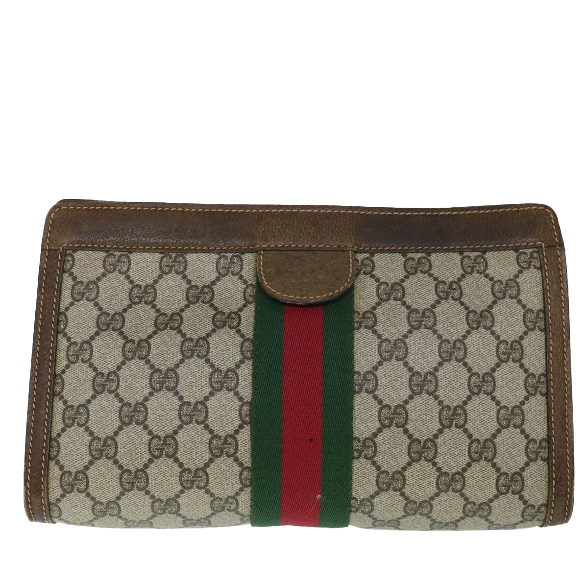 Gucci GG Canvas Web Sherry Line Clutch Bag PVC Leather Beige Green