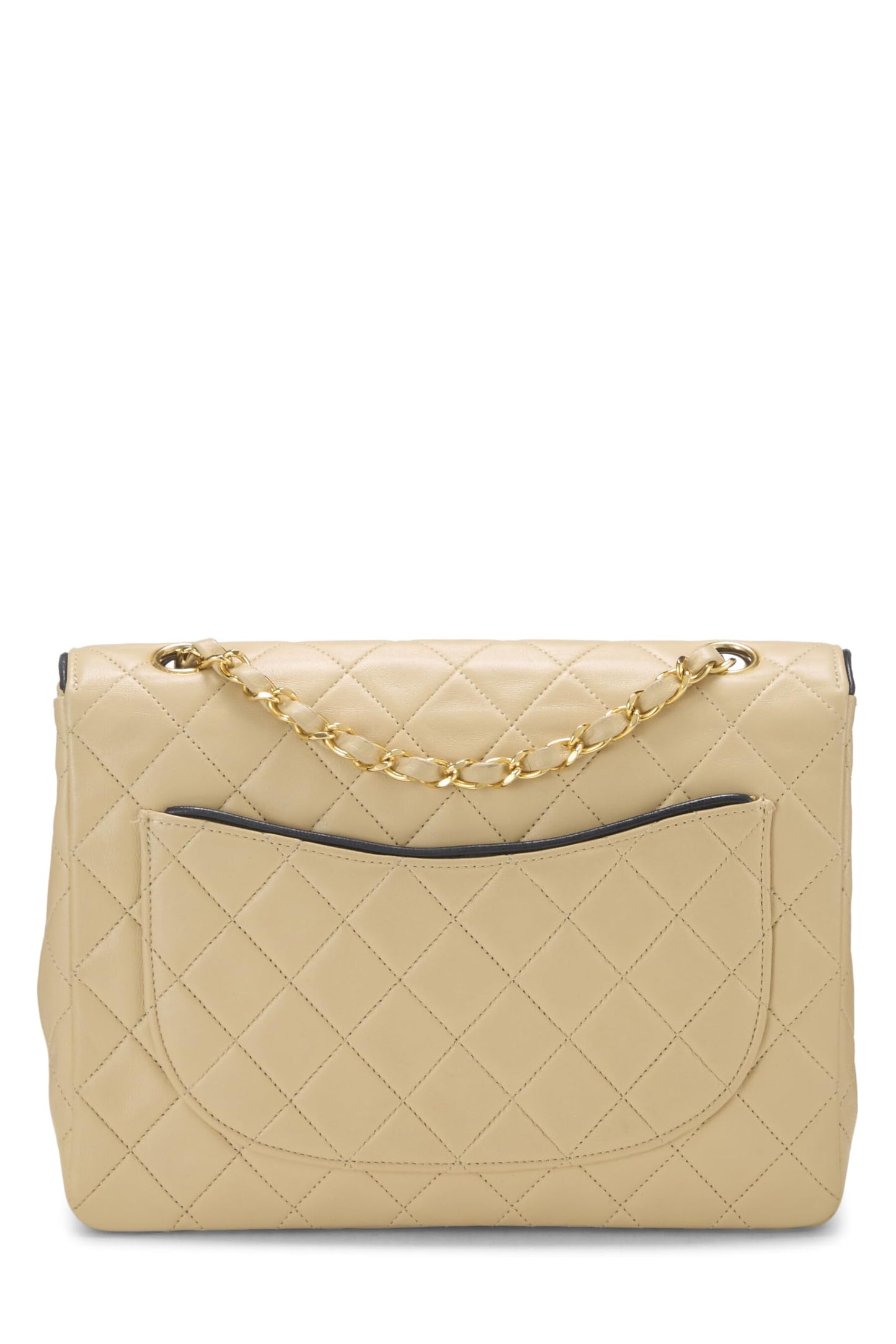Chanel,  Beige Quilted Lambskin Piped Half Flap Small, Beige