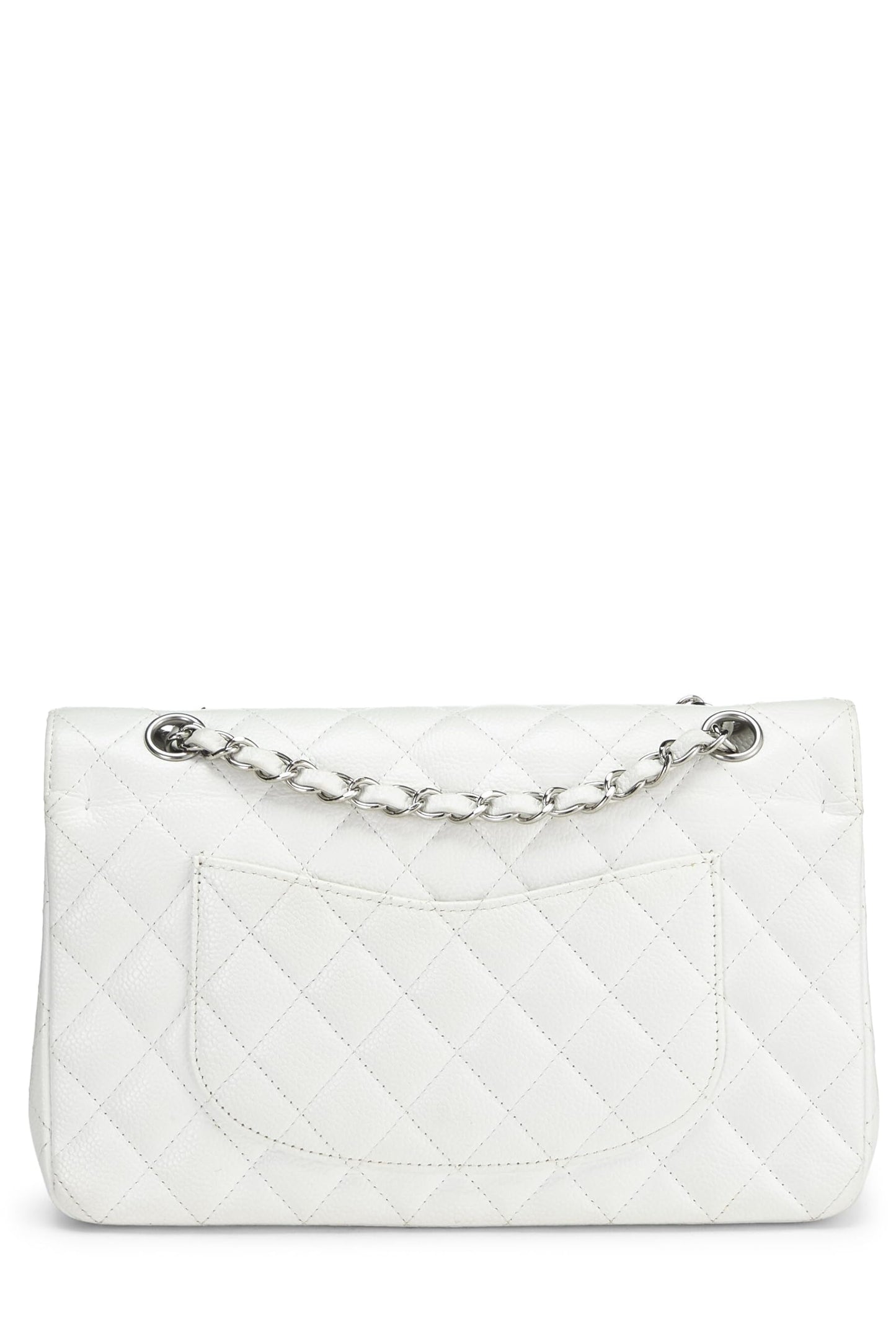 Chanel,  White Quilted Caviar Classic Double Flap Medium, White