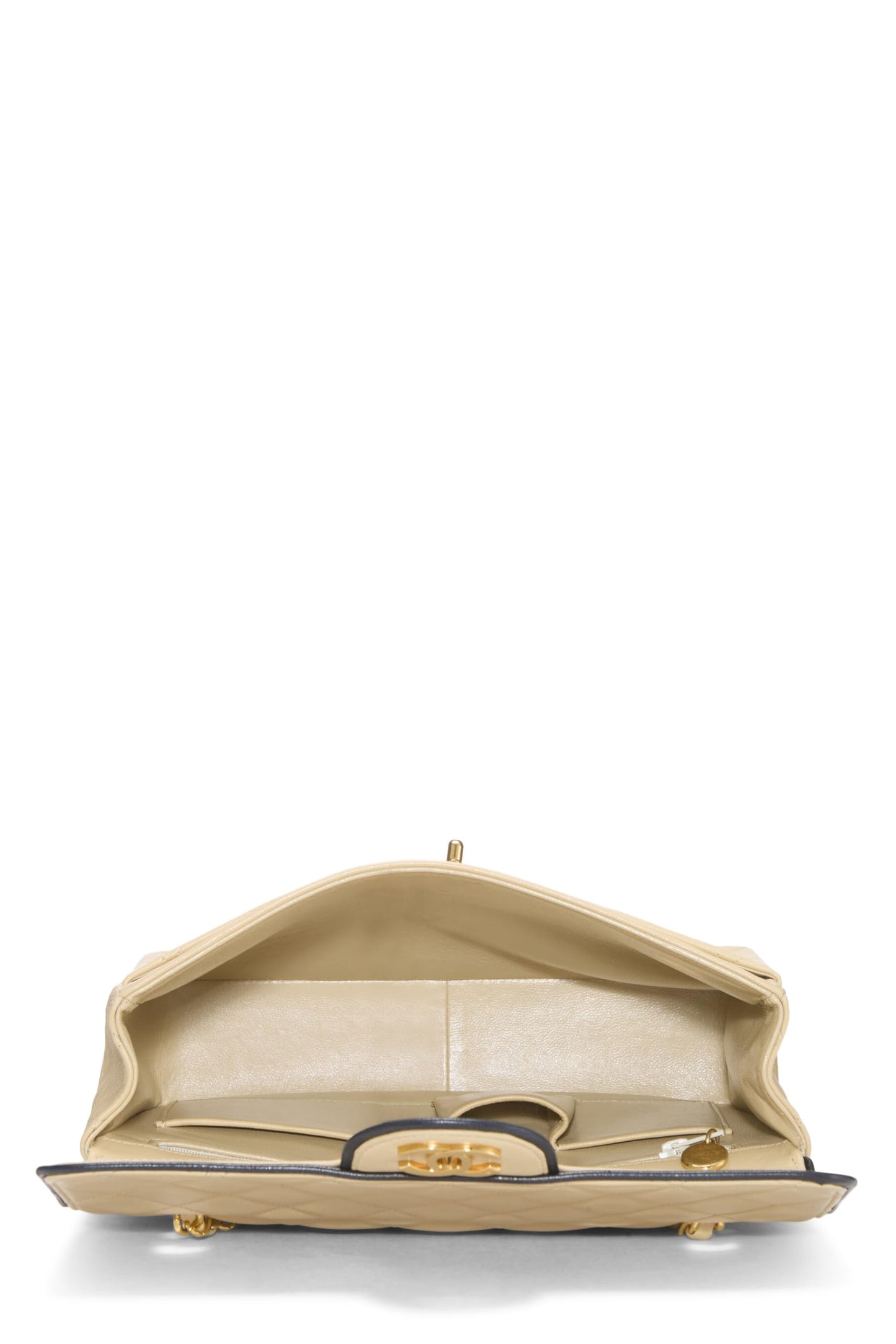 Chanel,  Beige Quilted Lambskin Piped Half Flap Small, Beige