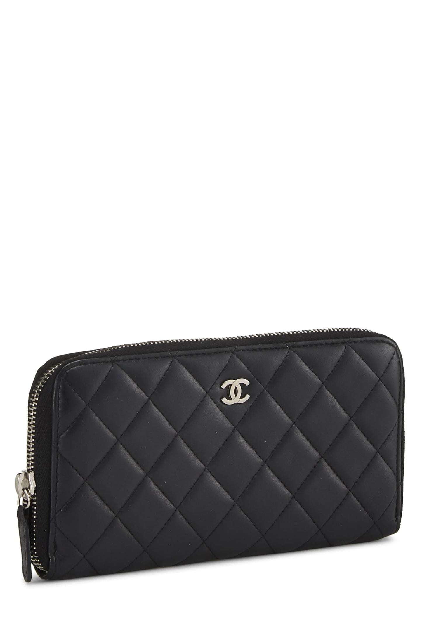 Chanel,  Black Quilted Lambskin Zip Around Wallet, Black