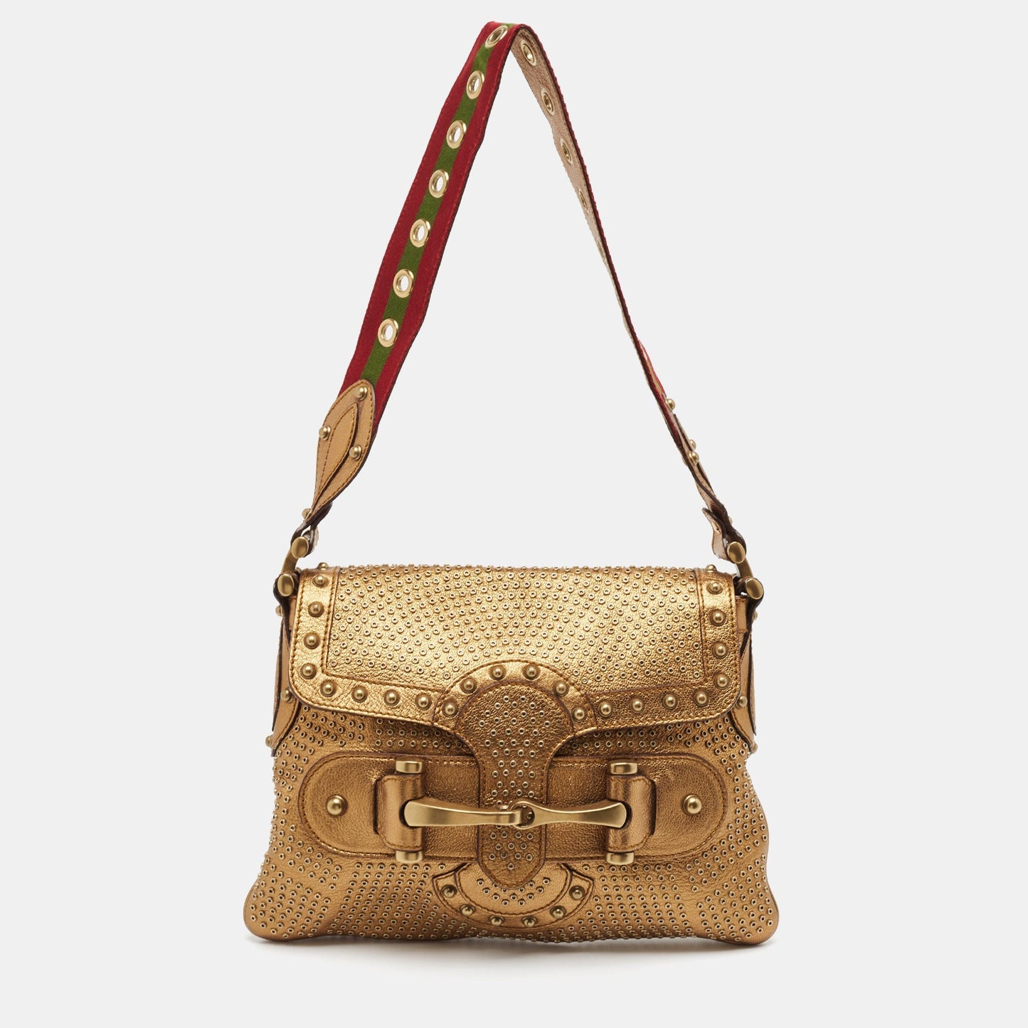 Luxury Gucci Trending 2025 Gold Leather Studded Pelham Runaway Flap Shoulder Bag
