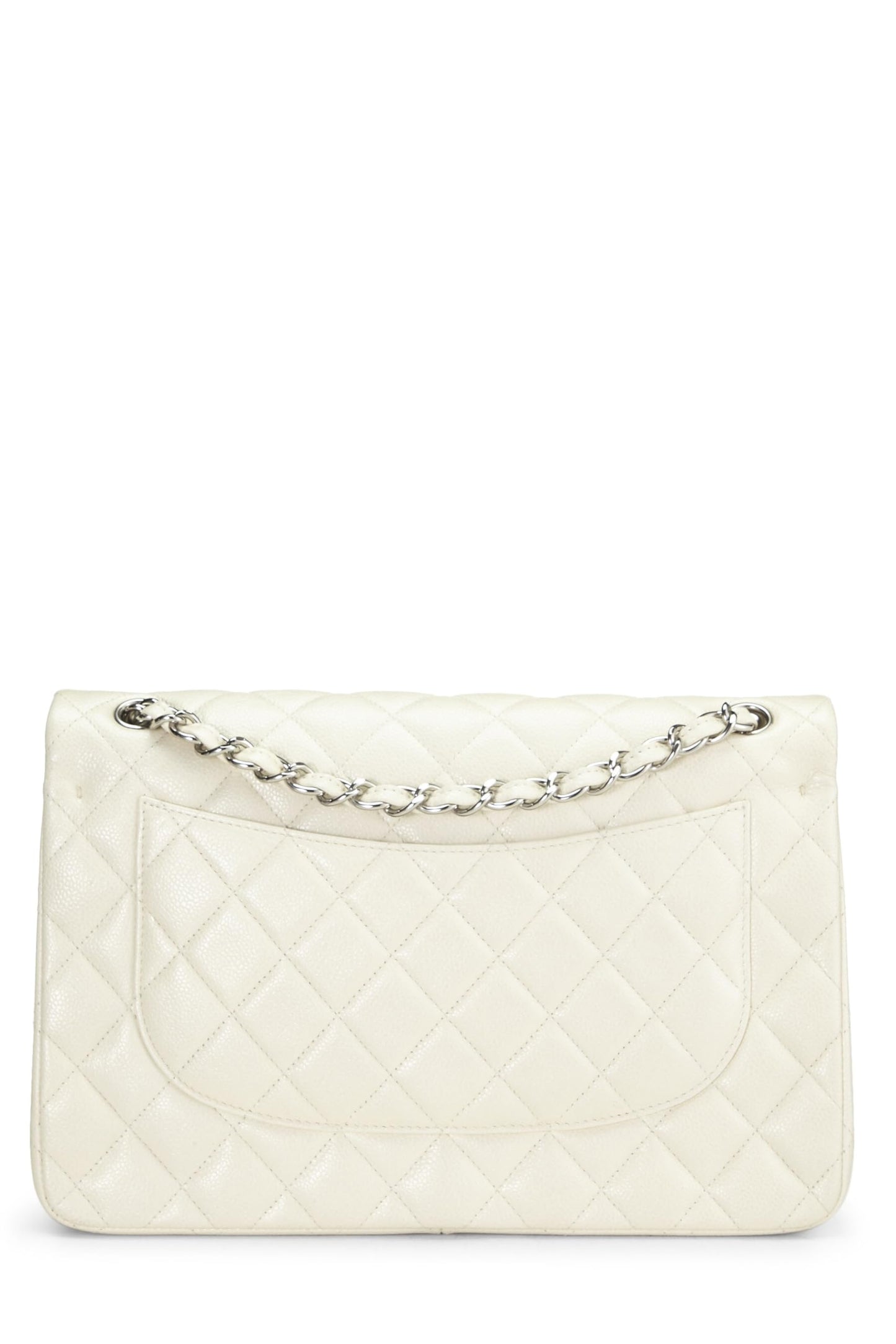 Chanel,  White Quilted Caviar New Classic Double Flap Jumbo, White