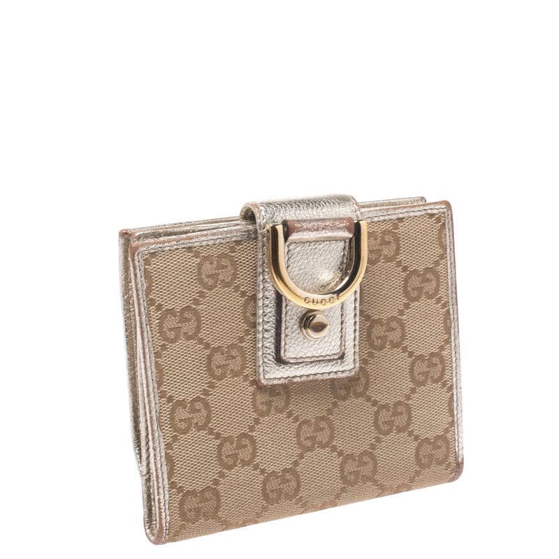 Luxury Gucci Trending 2025 Beige/metallic Gold Gg Canvas Abbey D Ring Compact Wallet..