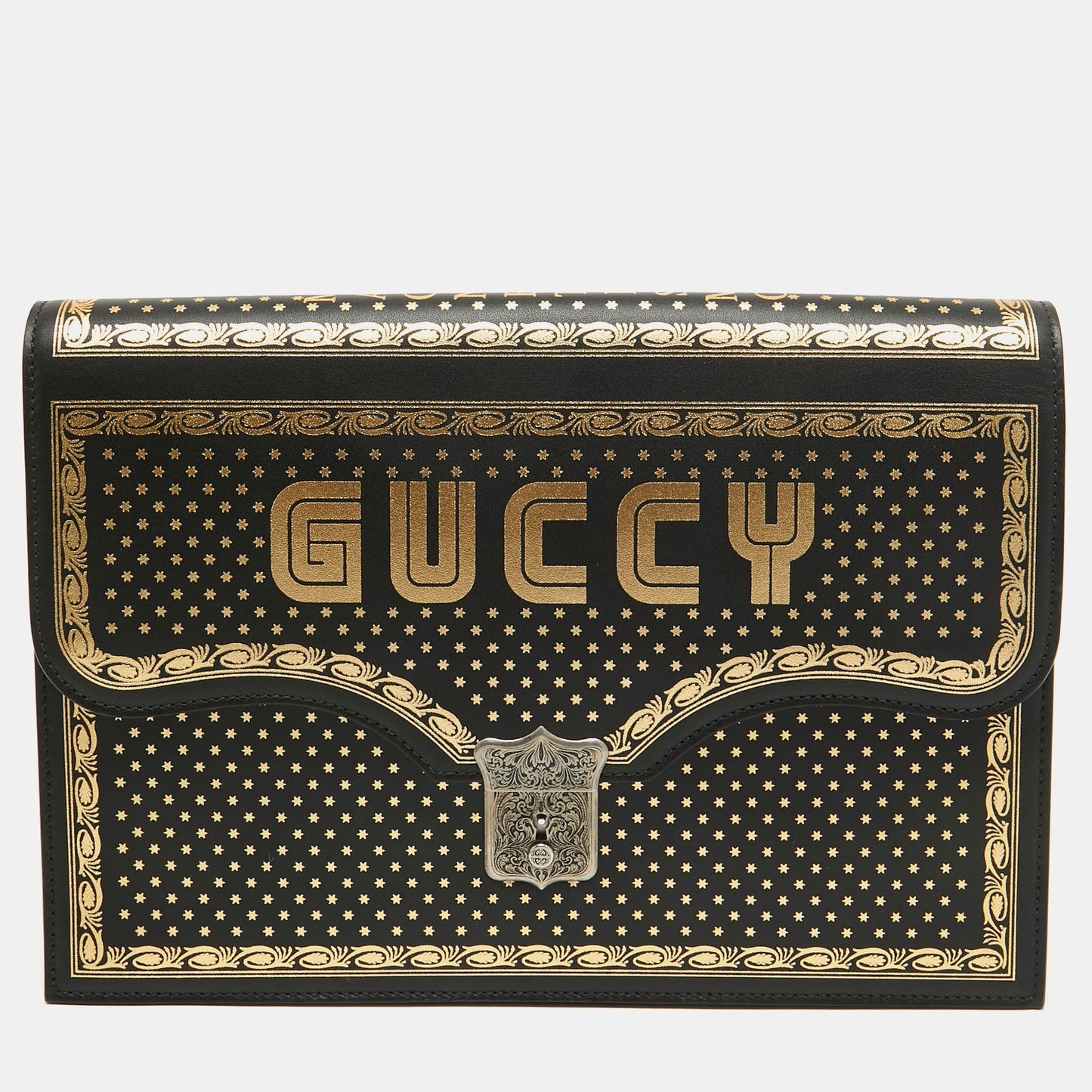 Luxury Gucci Trending 2025 Black/Gold Leather Printed GUCCY Portfolio Clutch