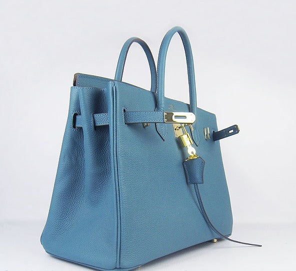 Luxury Hermes Birkin 35cm Cattle Skin Vein Handbags Blue Golden