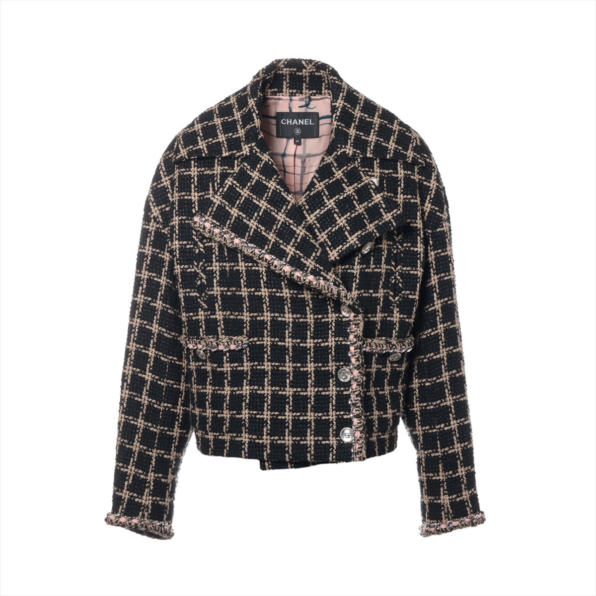 Chanel 21S Cotton x Silk Jacket 40  Black x Beige P70537V61998 Tweed NO5 Button