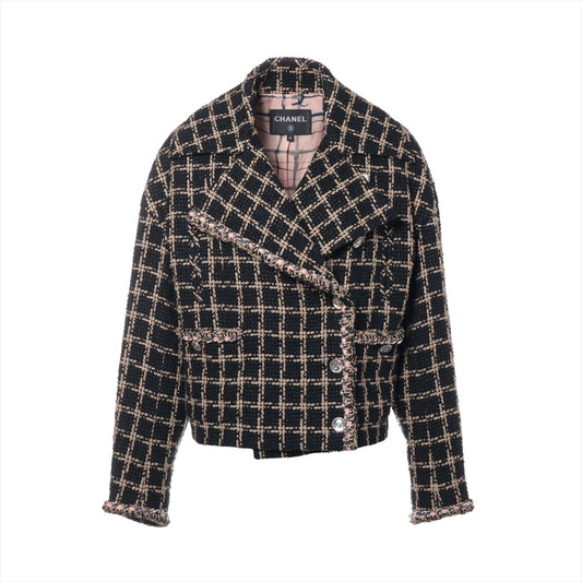 Chanel 21S Cotton x Silk Jacket 40  Black x Beige P70537V61998 Tweed NO5 Button