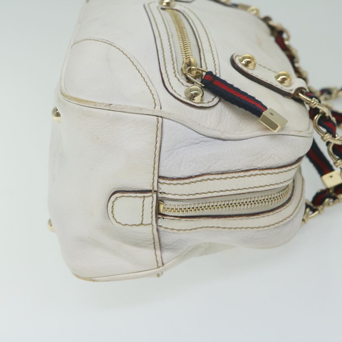 GUCCI Sherry Line Chain Shoulder Bag Leather White Navy Red 152462  63591
