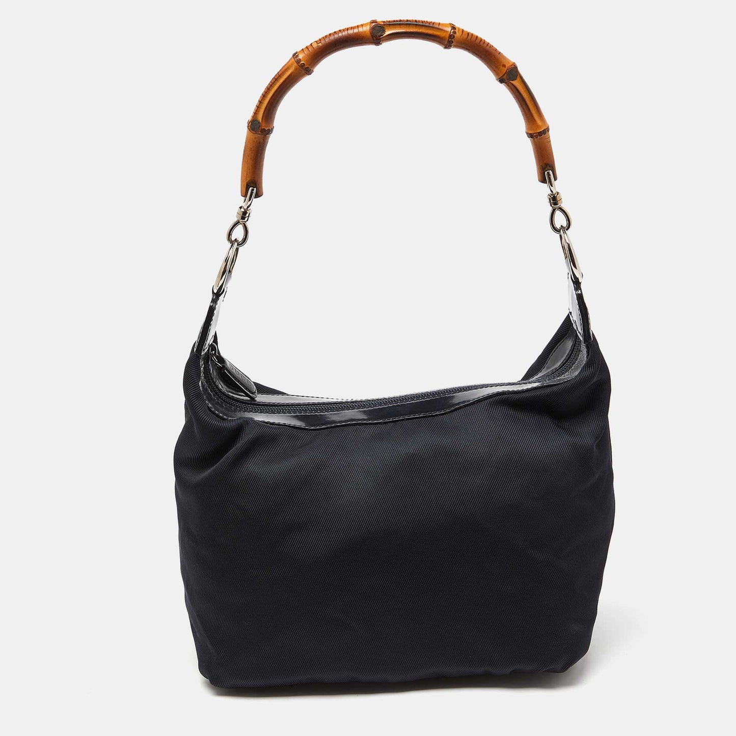 Luxury Gucci Trending 2025 Black Nylon and Patent Leather Bamboo Handle Bag