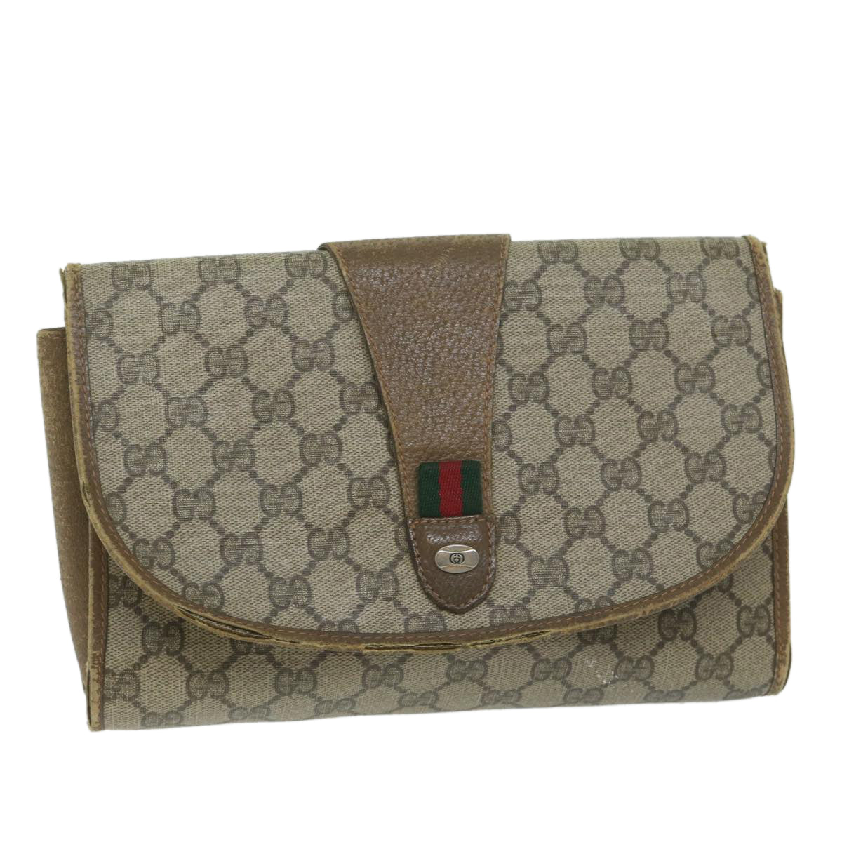 GUCCI GG Canvas Web Sherry Line Clutch Bag PVC Beige Green Red  64005