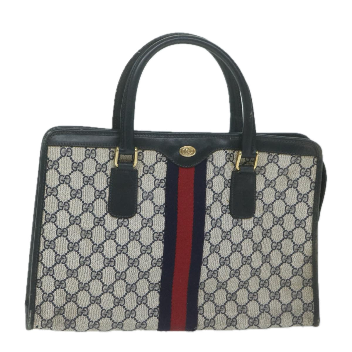 GUCCI GG Supreme Sherry Line Hand Bag PVC Leather Navy Red 010 378  64132