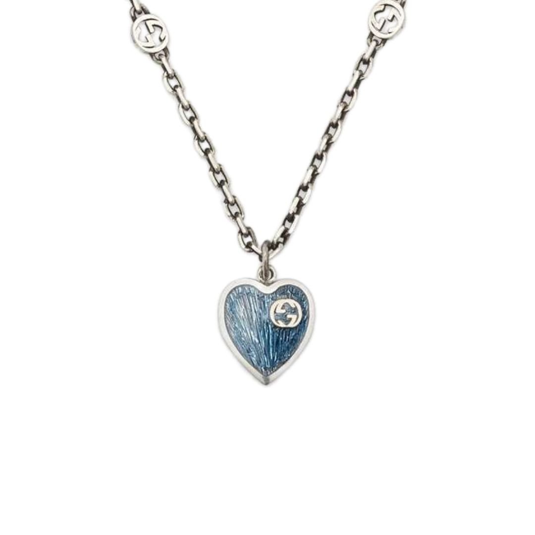 Luxury Gucci GG HEARTS STERLING SILVER BLUE ENAMEL PENDANT NECKLACE