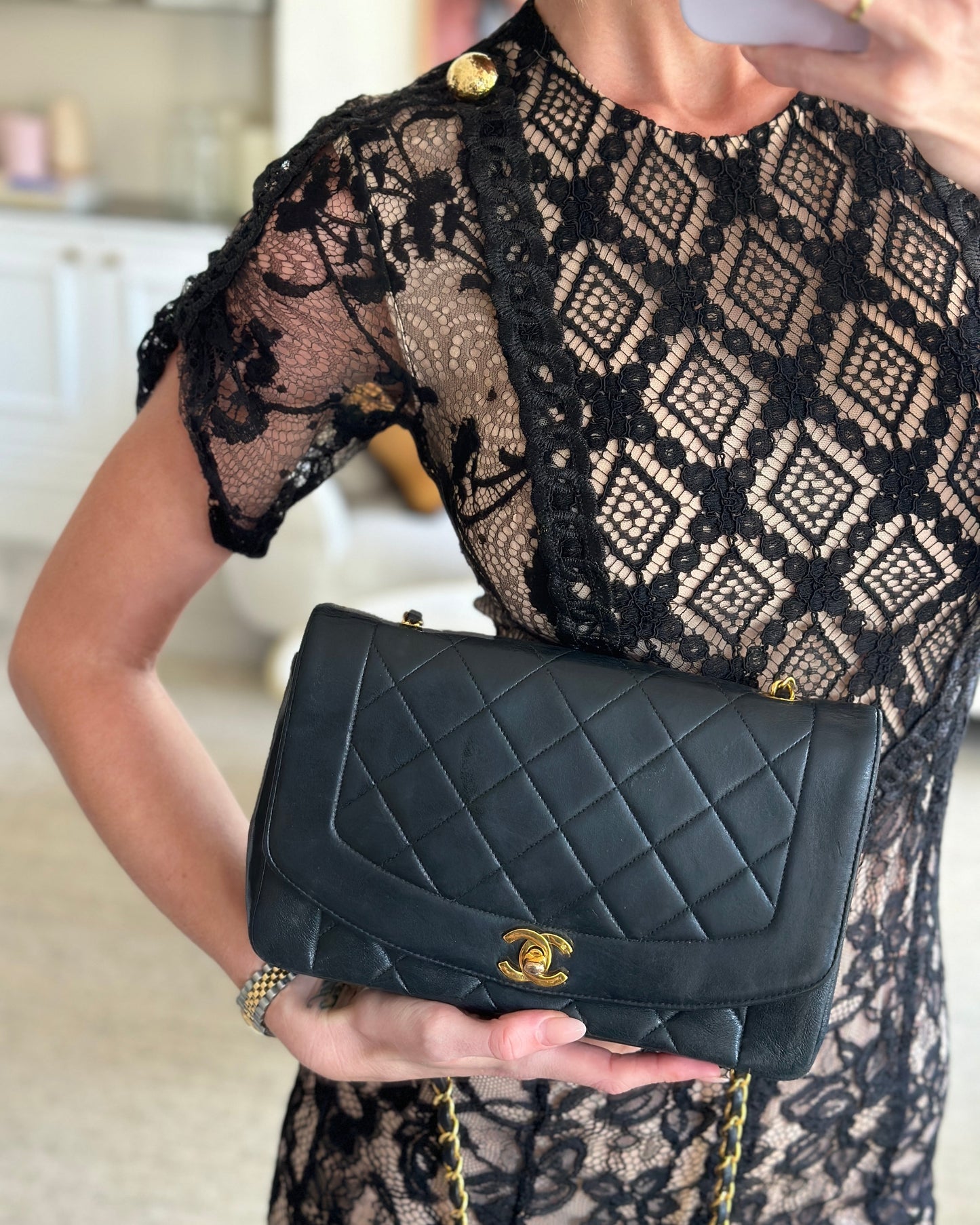 Chanel Vintage Navy Diana Quilted Flap Bag in Lambskin Leather with 24K Gold Hardware
